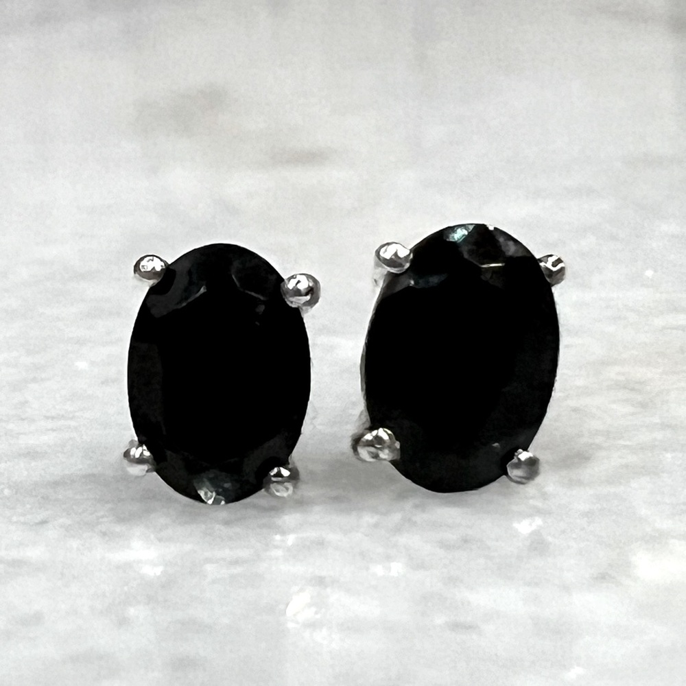 Thai Black Spinel Oval Faceted Sterling Silver Stud Earrings